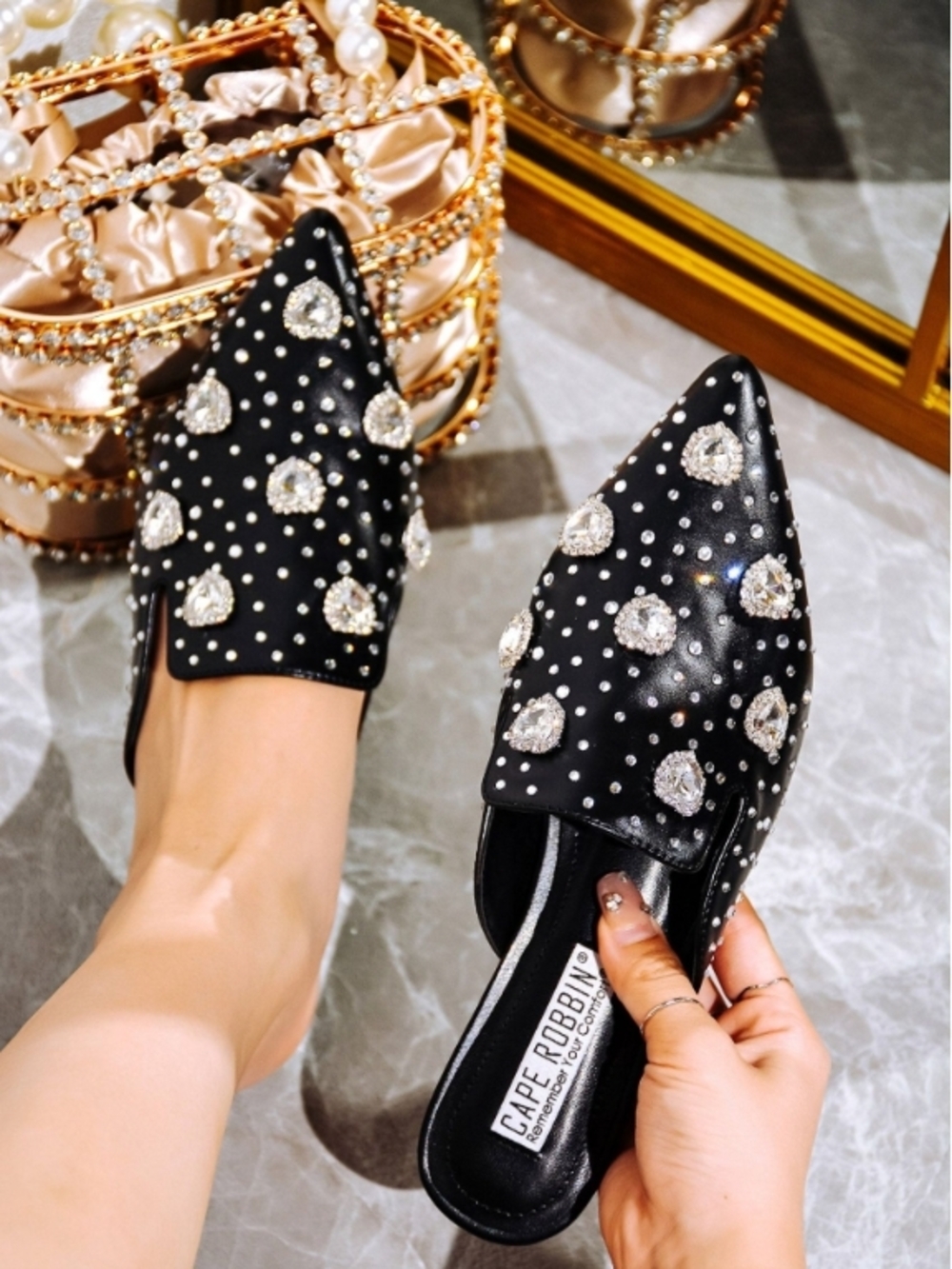 Cape Robbin Black Jeweled Pointed Mules
